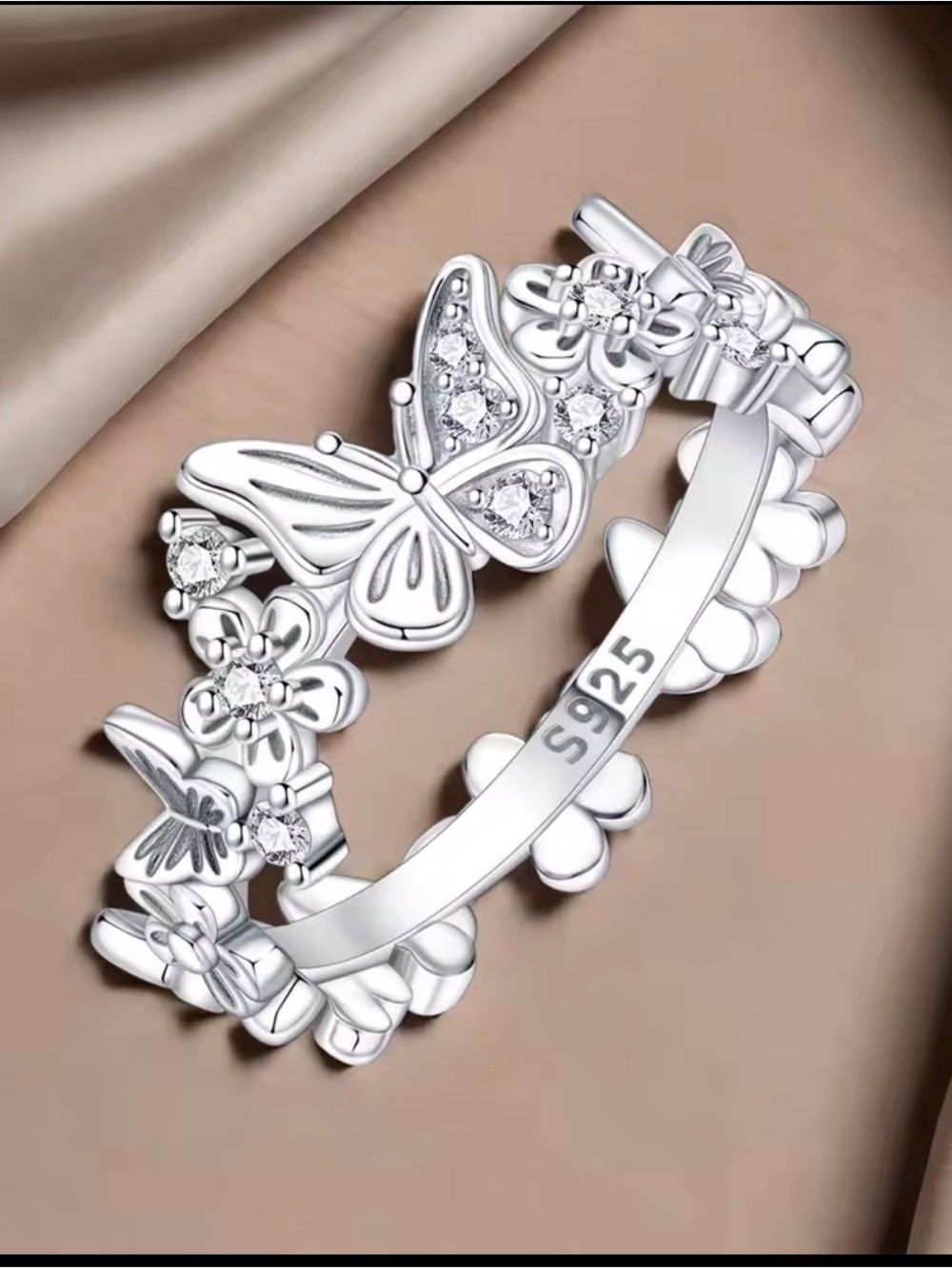 Sterling Butterfly & Floral Band Ring - Silver